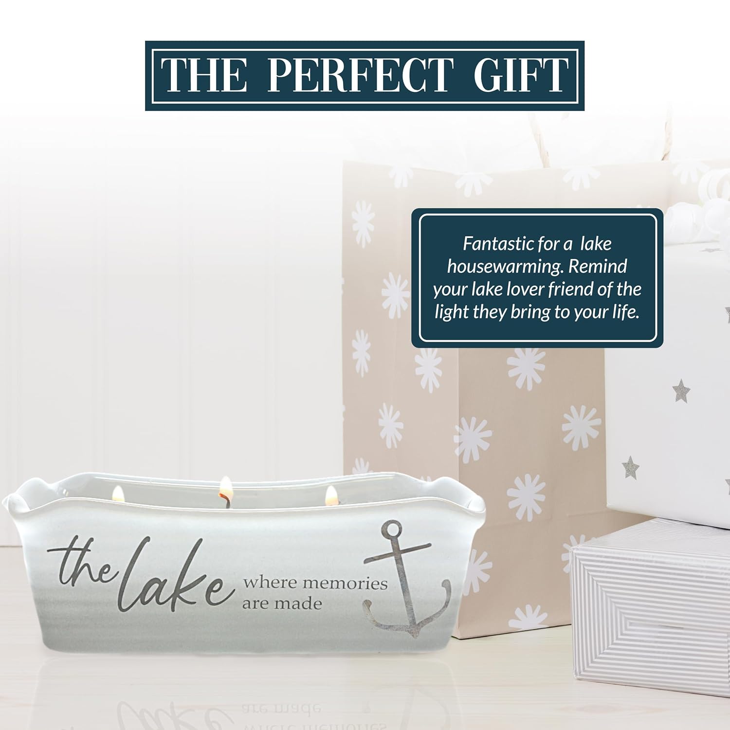 Pavilion Gift Company - at The Lake - 12-Ounce Wax Reveal Natural Soy Wax 3 Wick Candle, Jasmine Scented, Hidden Message Candle, Lake House Décor, 1 Count, 7.5 x 3.5 x 2.25-inch, Gray