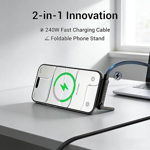 2 Pack 240W USB C Fast Charging Cable with Built In Phone Stand Braided Black