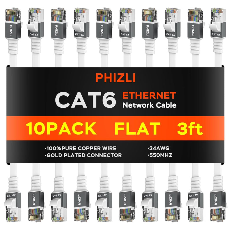 Ethernet Cable 3Ft 10Pack, Cat6A High Speed Flat Network Cable With Rj45 Conne