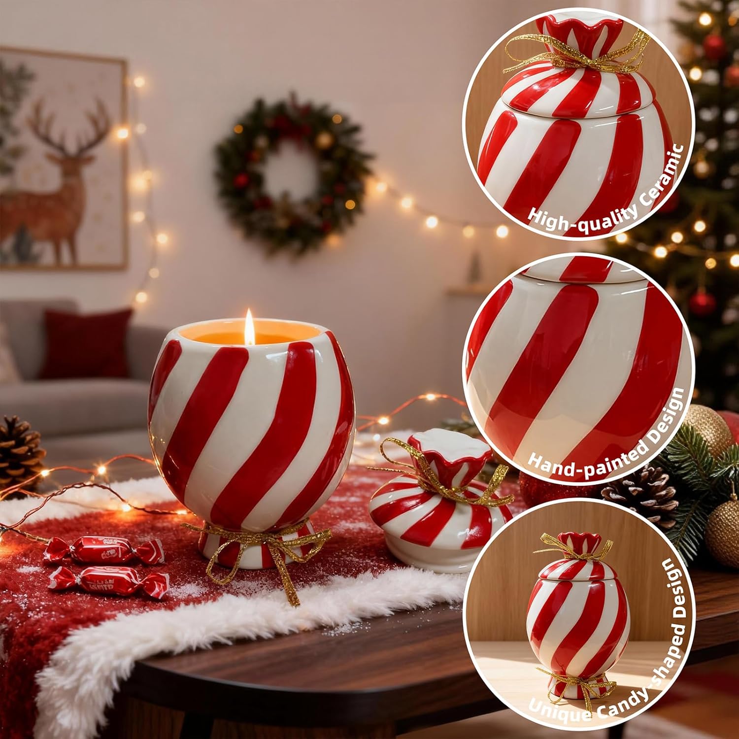 Christmas Scented Candle With Lid, Natural Candles For Home Scented, Premium Natural Candy Shaped Candles With Cotton Wick For Xmas Holiday Party Supplies (7.5 Oz)