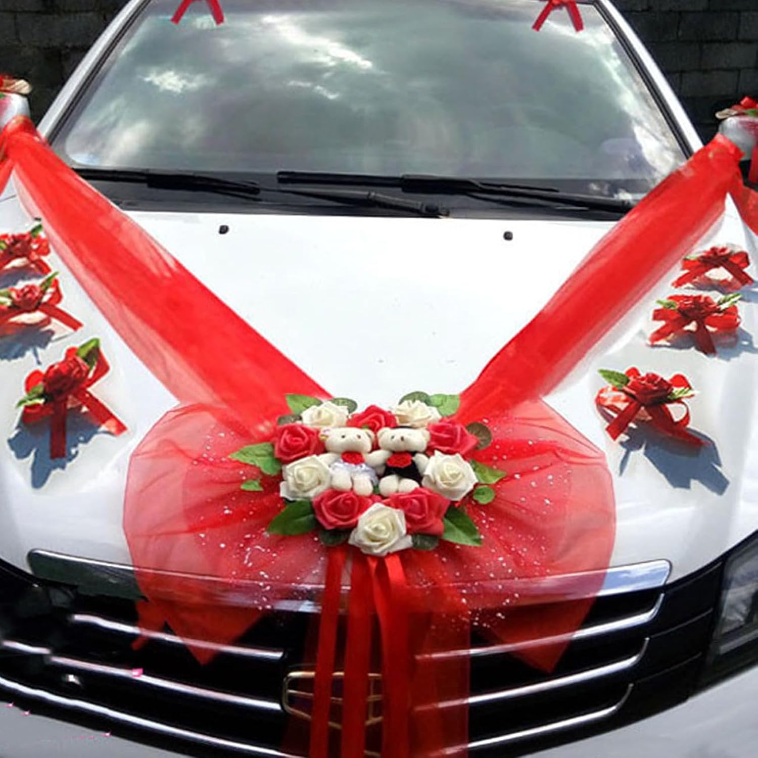 Artificial Wedding Car Flowers Plate Ribbon Bows Set With Silk Organza Wreaths Plush Mini Bear Door Handle Ornaments Diy Wedding Accessories Decorative Supplies For Party Events Red