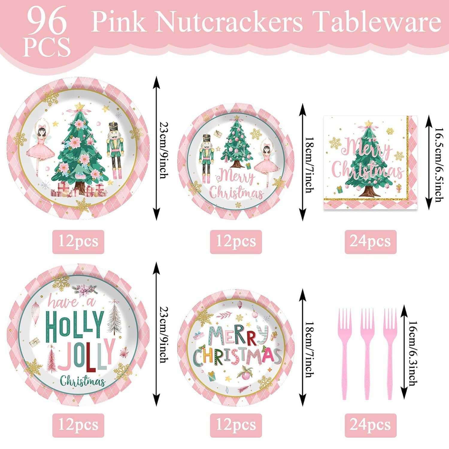 96Pcs Christmas Nutcrackers Party Supplies Pink Nutcrackers Paper Plates And Napkins Christmas Tableware Set Xmas Tree Snowflake Plates For Winter Holiday Seasonal Party Decorations Serve 24
