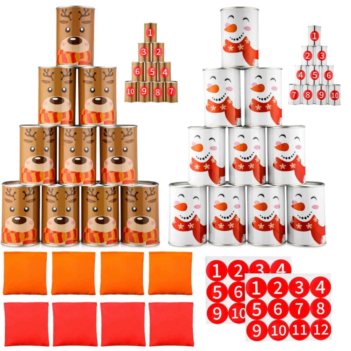 30 Pcs Christmas Bean Bag Toss Party Knockdown Can Set Include 20 Metal Cans 8 Bean Bags And 2 Set Number Stickers For Christmas Xmas Outdoor Indoor Family Party (Elk,Snowman)