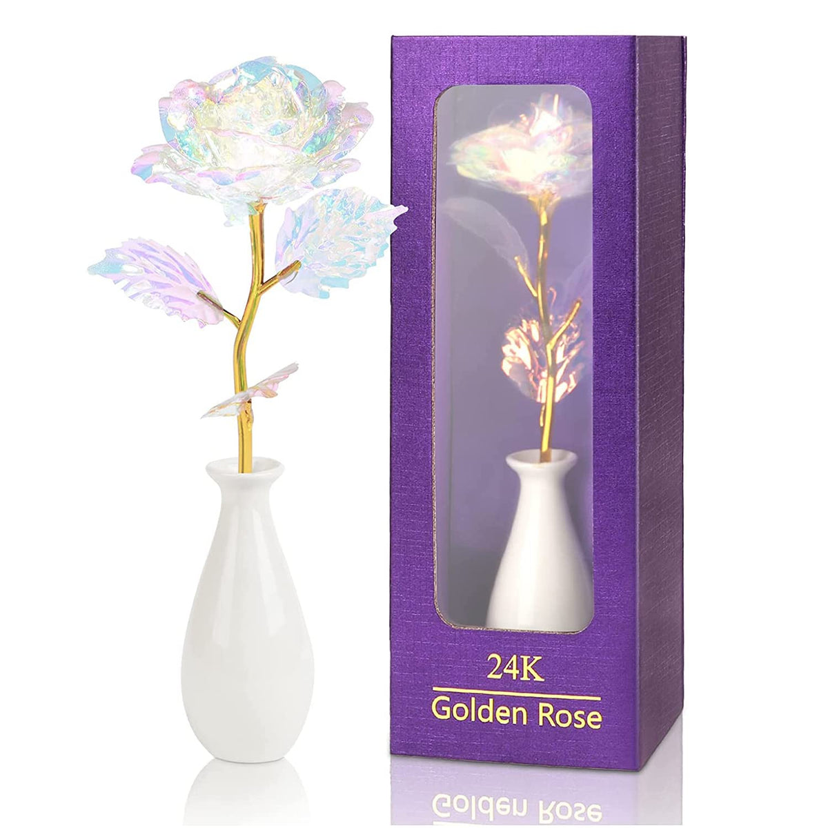 Rainbow Artificial Rose Flower Valentines Day Gifts For Mom With Gold Foil Stem&Ceramic Vase Gifts For Her,Girlfriend, Rose Gifts For Women, Wife, Unique Gifts For Birthday Anniversary Mother'S Day