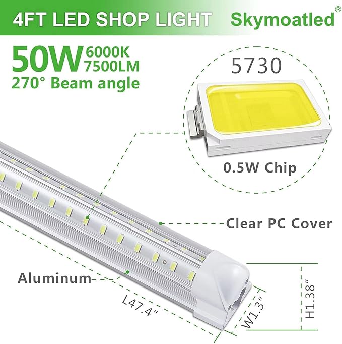 8 Pack 4FT LED Shop Lights 50W 7500LM 6000K Linkable Garage Warehouse Fixtures