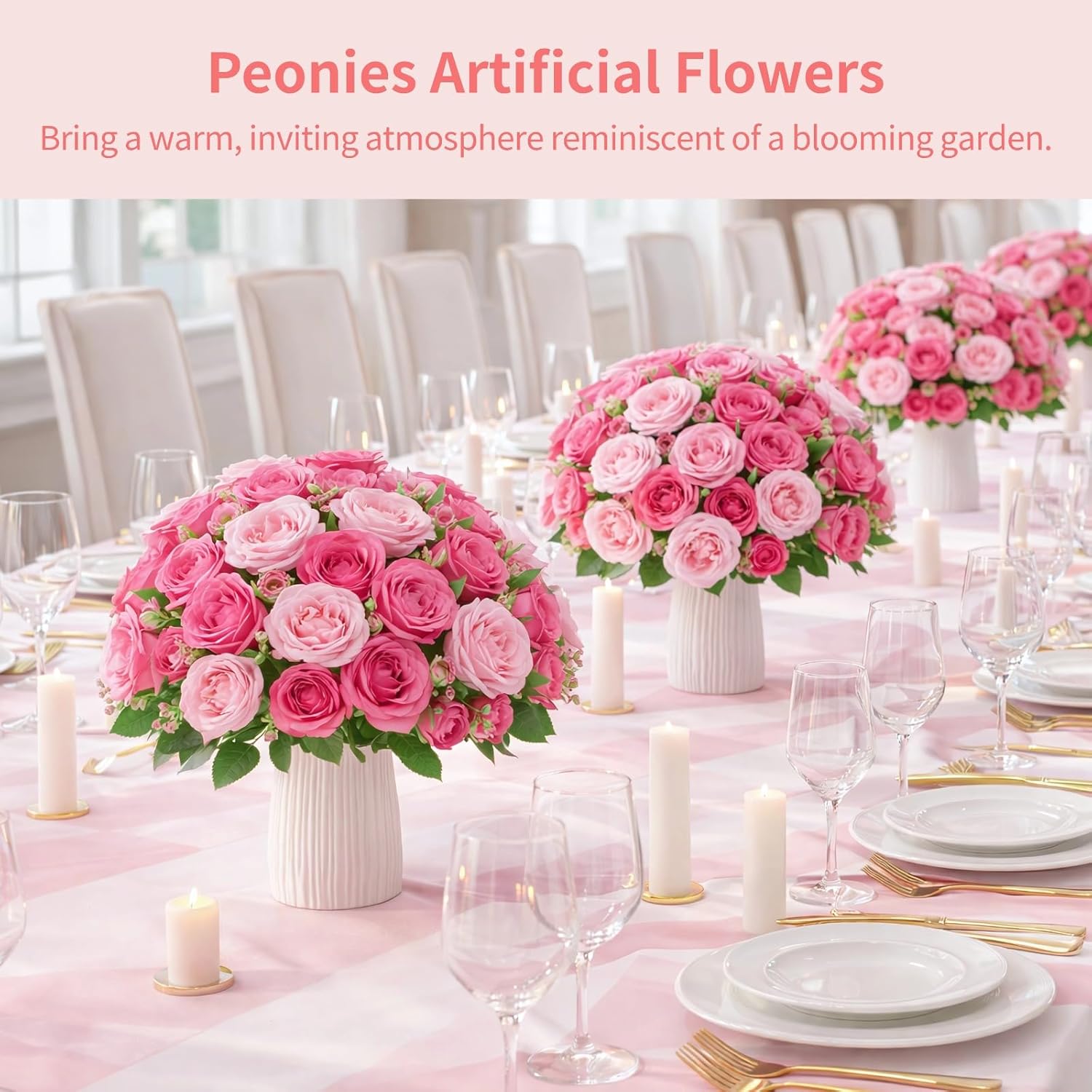 12 Bundles Peonies Artificial Flowers, Fake Peony Bouquets, Faux Flower Arrangements For Table Centerpiece, Realistic Floral Bouquets For Weddings, Parties, Home