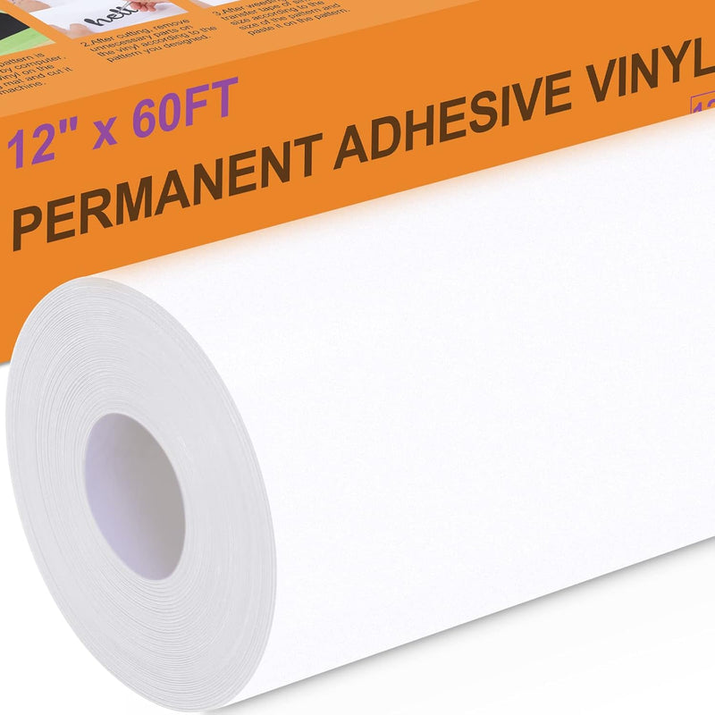 Permanent Vinyl - 12" X 60Ft White Adhesive Vinyl Roll For Cricut, Sil