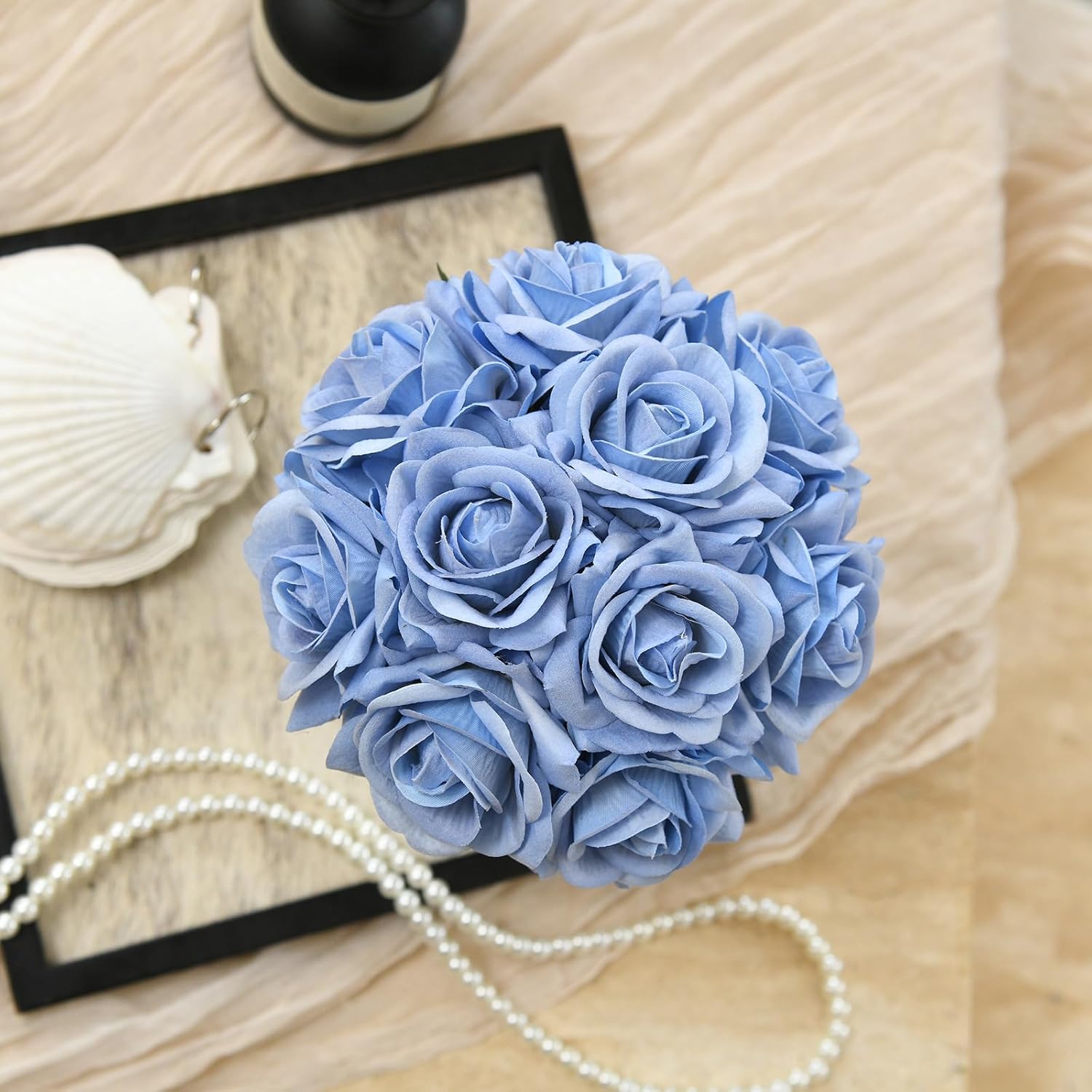 Velvet Roses In Crystal Glass Vase, Artificial Flowers With Vase, Silk Flower Arrangements For Home, Wedding, And Office Décor Table Arrangement Centerpiece, Baby Blue