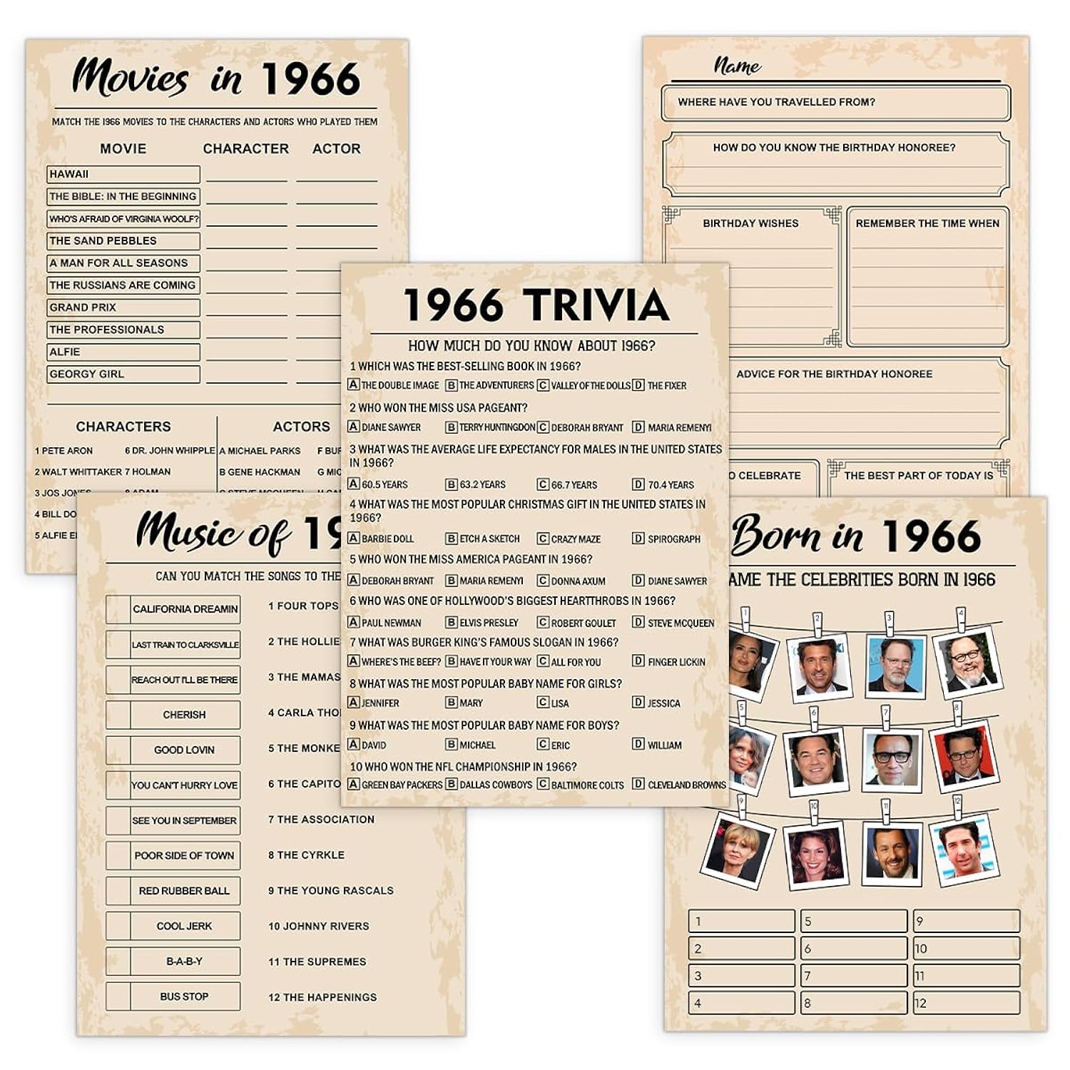 60Th Birthday Party Games, Born In 1966 Games Bundle, Set Of 5 Activities For 10 Guests, Birthday Party Supplies For Adults, Pack Of 50 Cards