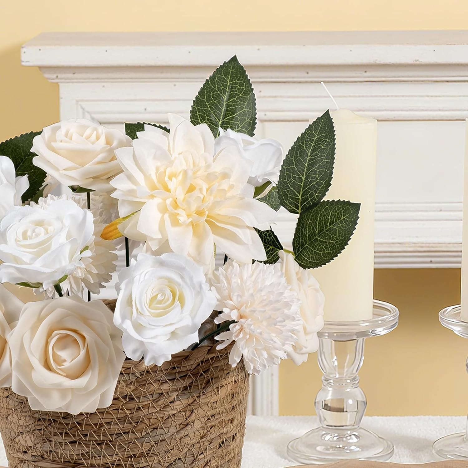 White Flower Artificial Roses Faux Flowers With Stems Mix Fake Roses Dahlia Chrysanthemum Ball For Wedding Bridal Bouquets, Table Centerpieces, Baby Shower, Party, Home Decorations