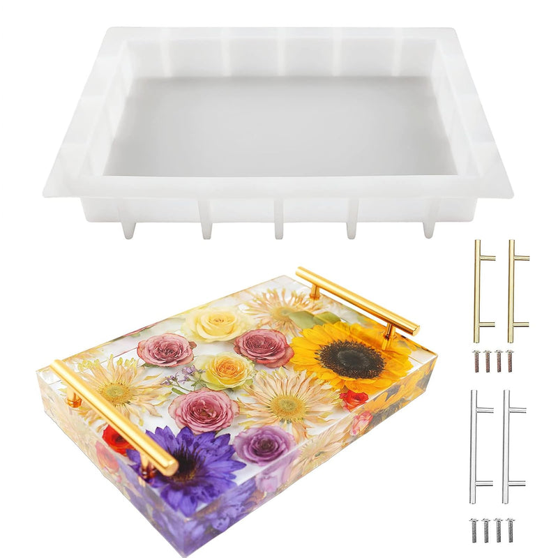 Large Silicone Tray Molds For Resin, 13.5"X9.5" Deep Rectangle Epoxy Tray Molds With 4Pcs Gold & Silver Handles, Resin Table Mold For River Board Table Diy Art Home Decoration