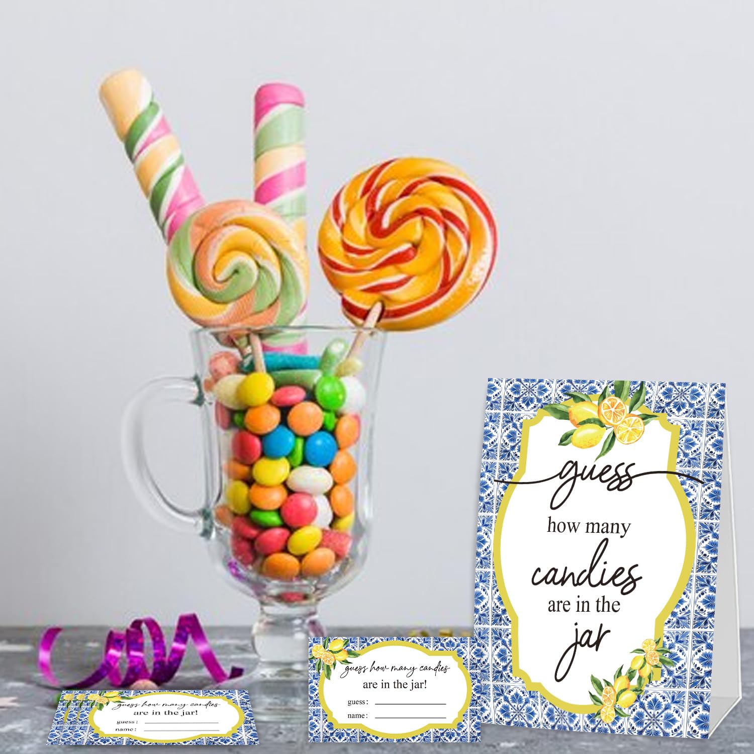 Lemon How Many Candies Game, Baby Shower Games, Pack 1 Sign And 50 Game Cards, Baby Shower Decoration, Party Games Activities(Zjcg05)