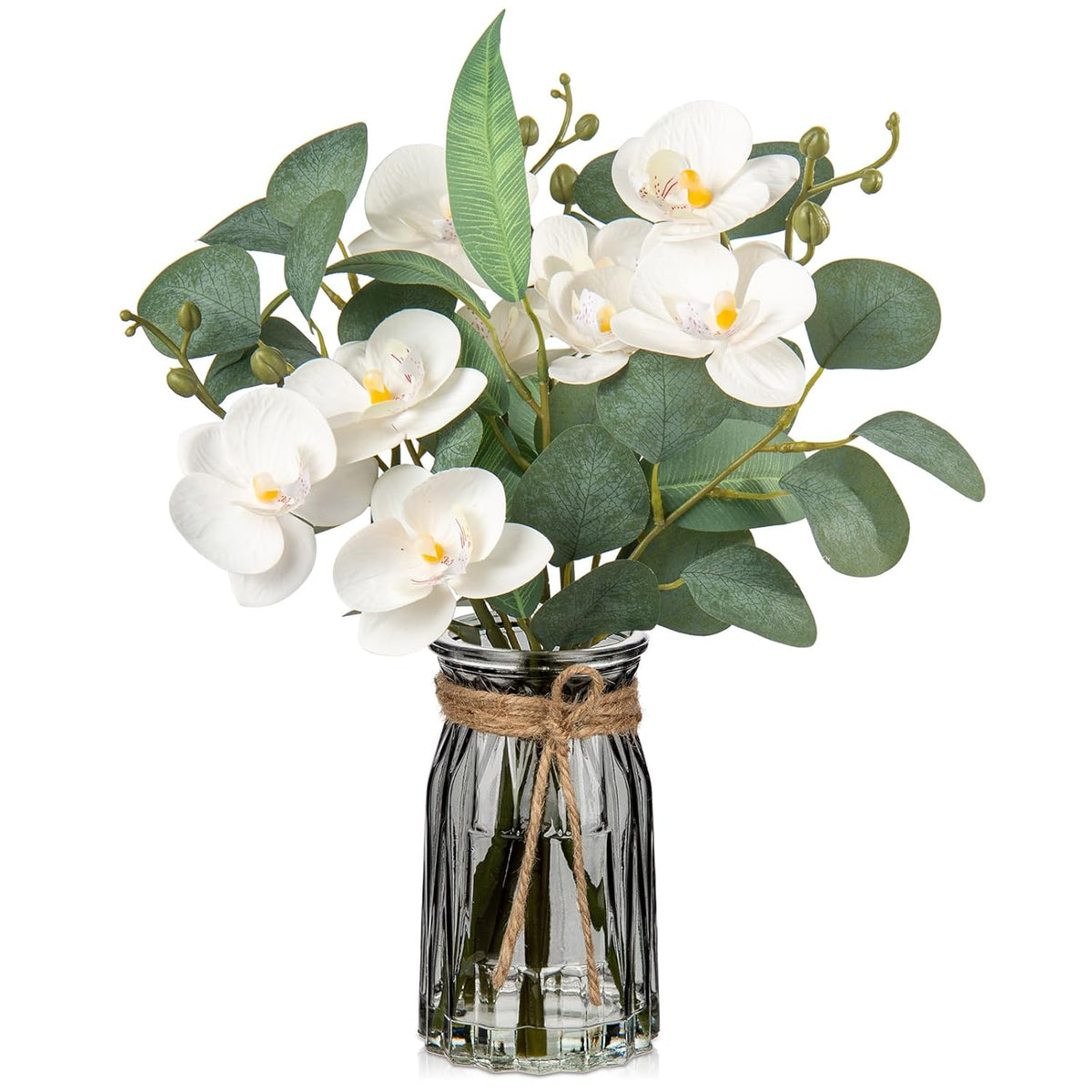 White Orchids Artificial Flowers With Vase Fake Flower In Vase Artificial Eucalyptus Stems In Glass Vases With Faux Water Faux Orchid With Eucalyptus Leaves Arrangement For Dining Table Centerpiece