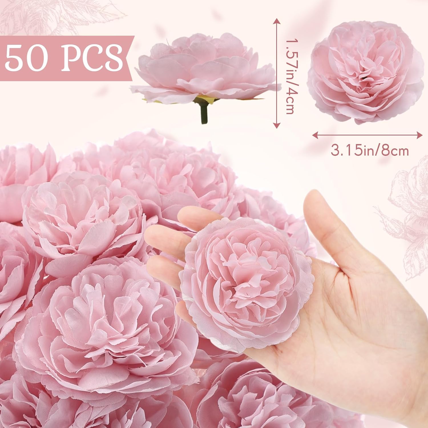 50 Pcs Artificial Flowers, 3.2 Inches Silk Rose Head Flowers Fake No Stem For Wedding Bridal Bouquet Home Floral Decor Diy Centerpieces Arrangements Party Tables Decoration(Dusty Pink)