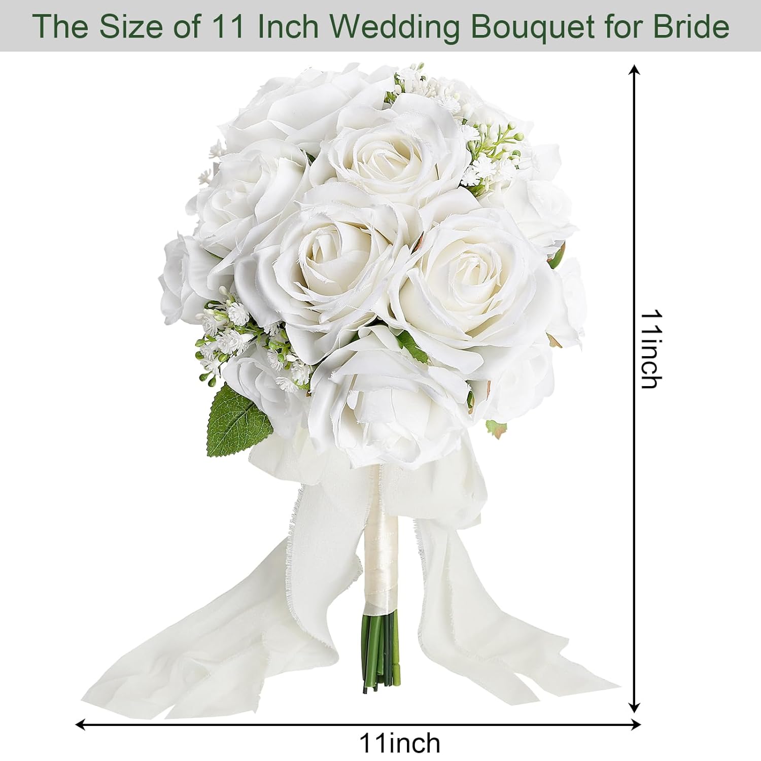 Wedding Bouquet For Bride - Premade Simple Artificial Roses Flowers For Bridal Shower Destination Ceremony Anniversary Decorations - White