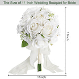 Wedding Bouquet For Bride - Premade Simple Artificial Roses Flowers For Bridal Shower Destination Ceremony Anniversary Decorations - White