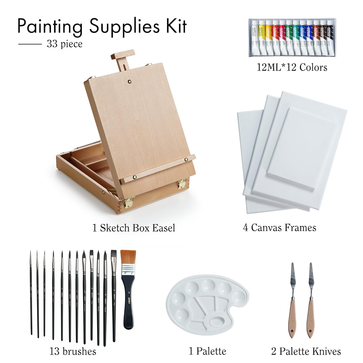 Kit, Tabletop Easel Set With 12 Acrylic Paints, 13 Paint Brushes, 4 Canvas Boards, 2 Palette Knives & Plastic Palette, Gift For Artists & Adults