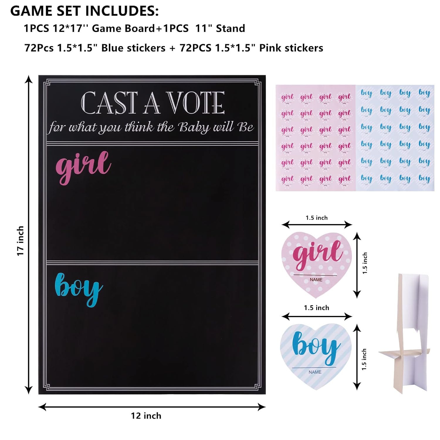 Baby Gender Reveal Board Game With 144 Girl Or Boy Voting Stickers, Cast Your Vote Sign With Stand - Chalkboard Design (12 X 17 In)