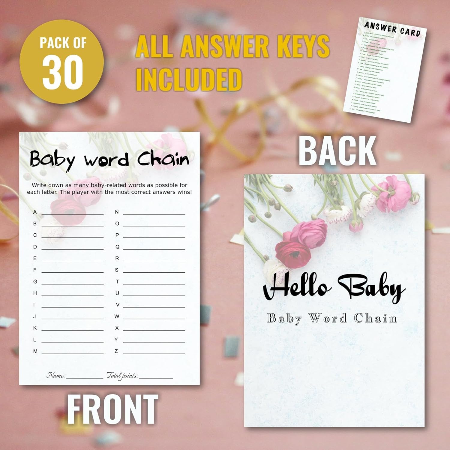 Baby Shower Word Chain Trivia Game Cards - 30 Players Snow Rose, Minimalist Party Game, Instant Fun With Answer Keys, Family & Friend Activity, 5X7 Inch (Word Chain)