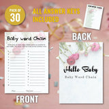 Baby Shower Word Chain Trivia Game Cards - 30 Players Snow Rose, Minimalist Party Game, Instant Fun With Answer Keys, Family & Friend Activity, 5X7 Inch (Word Chain)