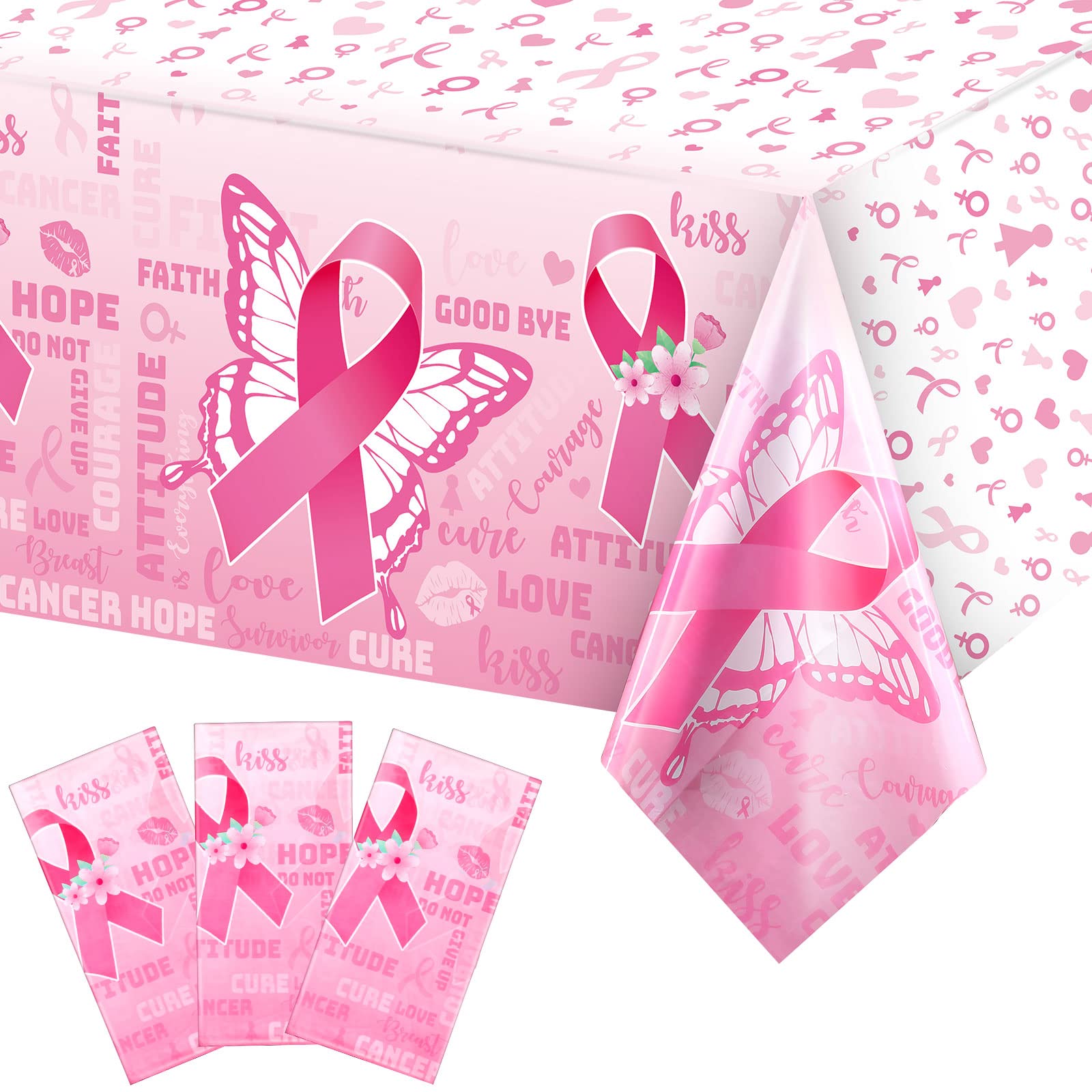 3 Pieces Breast Cancer Awareness Party Decorations Breast Cancer Table Covers Disposable Pink Ribbon Awareness Table Cloth Hope Faith Courage Table Runner for Breast Cancer Party Supplies 54 x 108