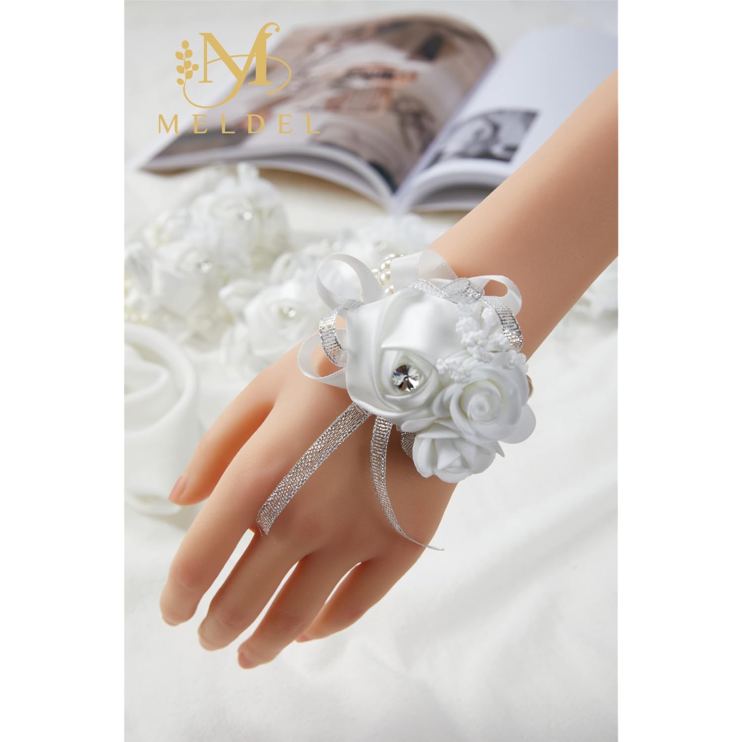 White Wrist Corsages For Prom, Set Of 6, Rose Wedding Wrist Corsage For Bridal Bridesmaid Girl Women, Fake Wrist Flower For Mother Of Bride, Artificial Hand Flower For Homecoming Anniversary