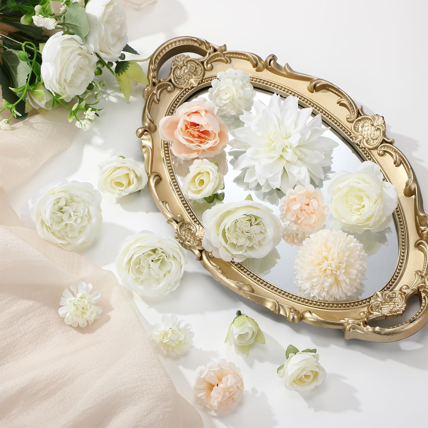 12 Bundles Valentine'S Artificial Flowers Peonies Silk Rose Faux Dahlia Fake Chamomile Hydrangea Bouquet Floral Arrangements Bulk For Vase Home Wedding Party Centerpiece(Cream White)