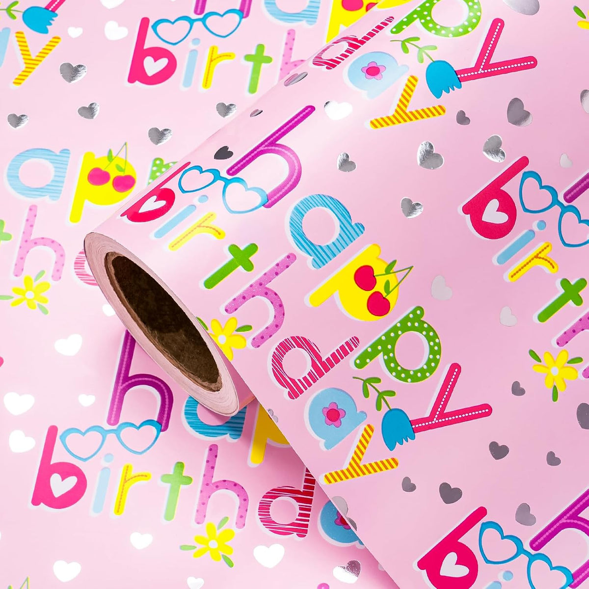 Pink Girls Birthday Wrapping Paper - Mini Roll - 17 Inch X 16.5 Feet - Colorful Happy Birthday Wrapping Paper With Silver Foil Hearts Design For Kids Girls, Baby Shower