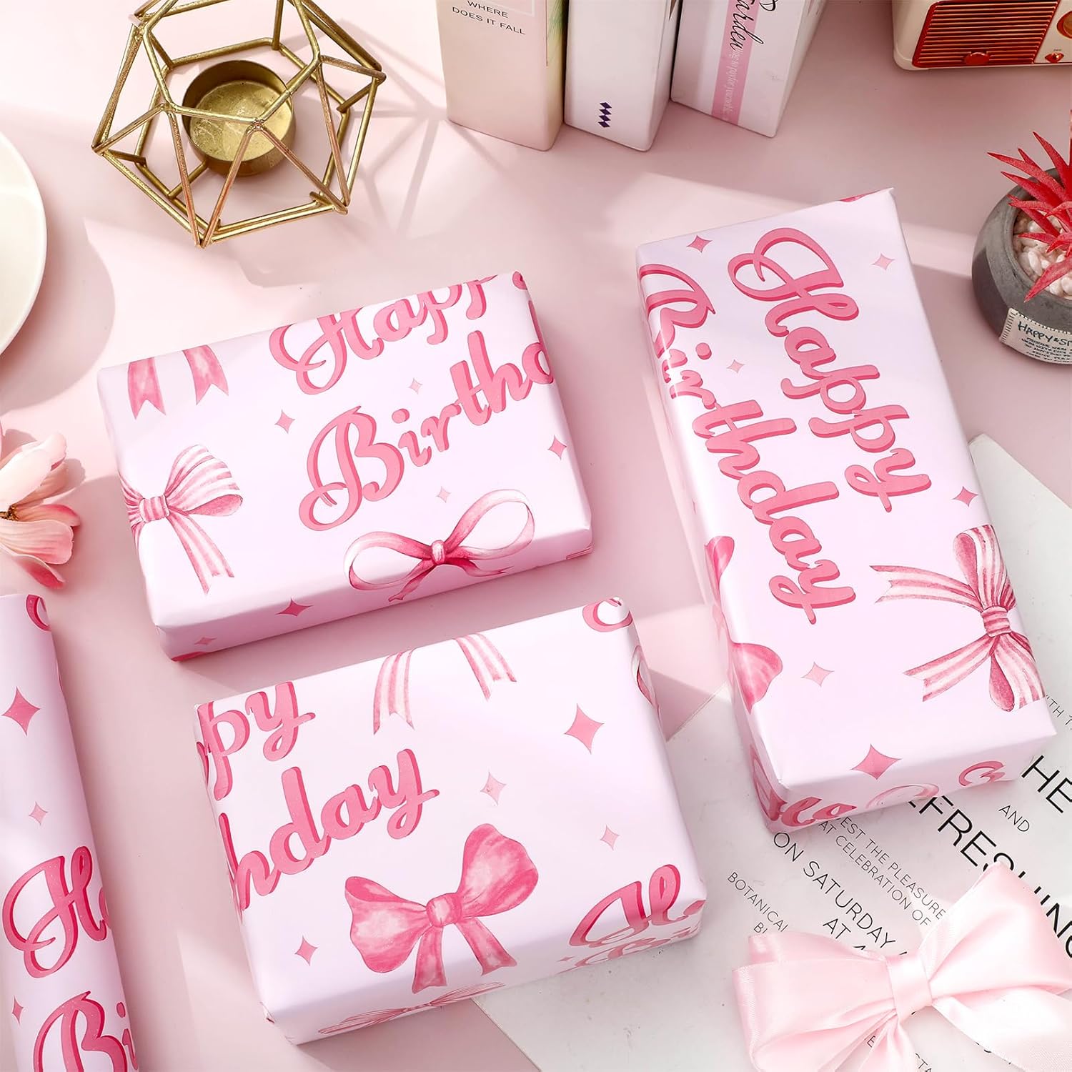 Happy Birthday Wrapping Paper Mini Roll 17In X 32.8Ft Watercolor Coquette Pink Bow Gift Wrap Paper For Girls Birthday Party Wrapping Supplies