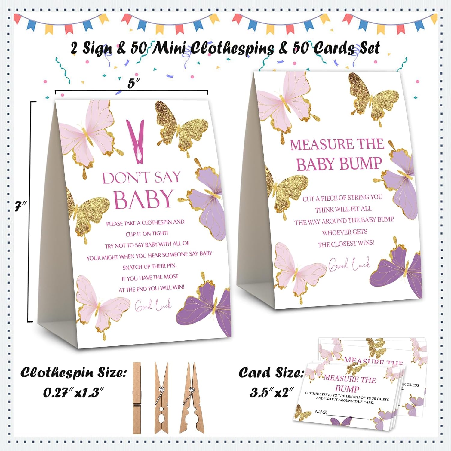 2 Butterfly Baby Shower Game,Don'T Say Baby Clothespin Games,Measure The Baby Bump,Baby Shower Decorations,Baby Shower Game Gender Neutral,Baby Shower Package,Funny Baby Shower Games-6