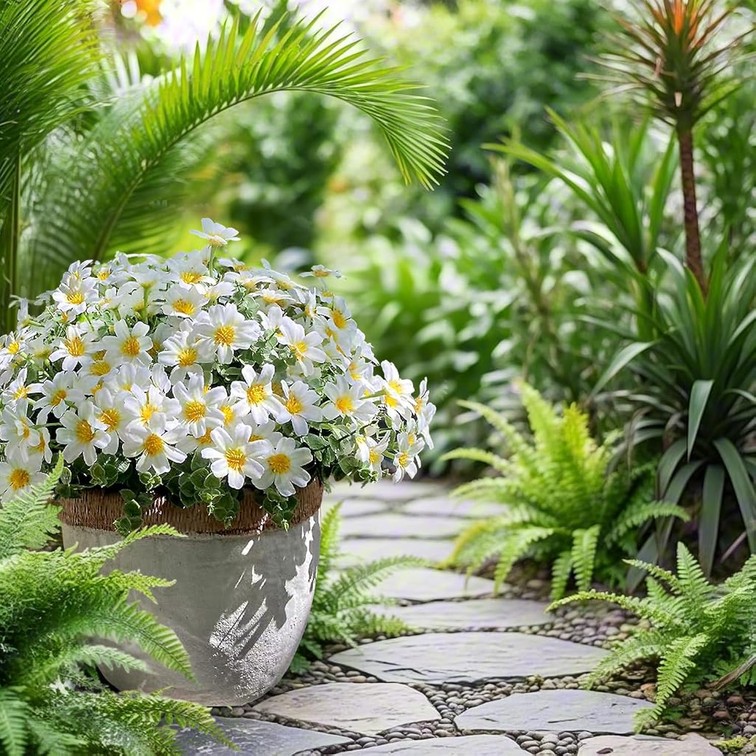 16 Bundles Uv Resistant Artificial Daisy Flowers Fake Eucalyptus Plant Greenery For Indoor Outdoor Shrubbery Pot Home Table Centerpieces (White)