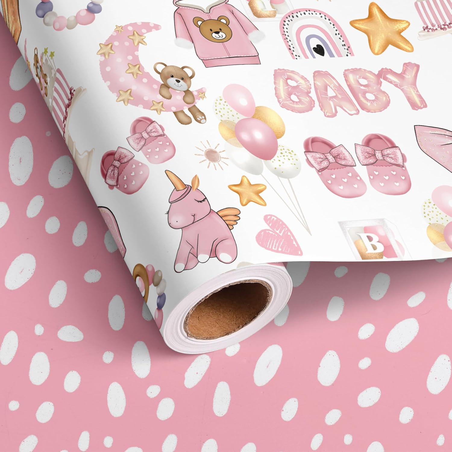 Reverible Baby Girl Wrapping Paper Roll Pink Gift Wrap Sheets With Baby Bear Unicorn Rainbow Princess Designs For Girls Wedding Neutral Baby Shower Birthday Party - Total 28.5Sq.Ft