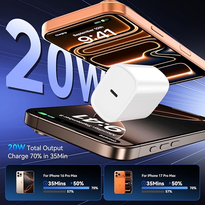 20W USB C Fast Charger with 10FT USB C Cable for iPhone 17 16 15 Pro Max Samsung S24