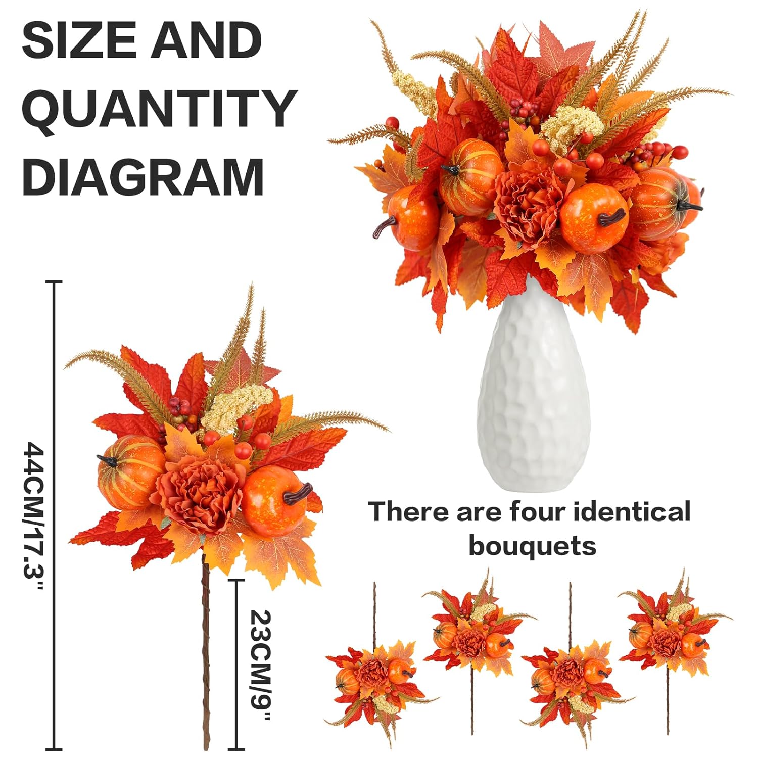 Fall Decor, 4Pcs Artificial Autumn Pumpkin Berry Flower Maple Plant Stems Picks Vase Decorations, For Home Harvest Holiday Halloween Thanksgiving Table Indoor Decor