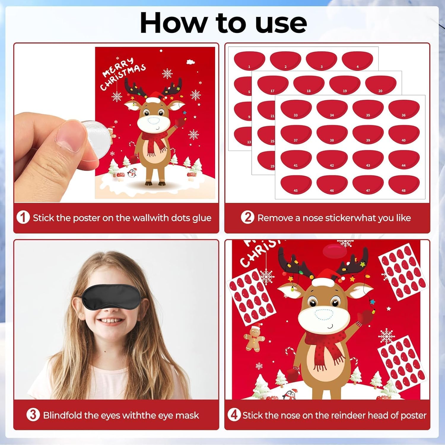 Christmas Party Game For Kids & Family - Pin The Nose On The Reindeer Holiday Activity, Fun Indoor Games For Christmas Party Favors, Family Gathering