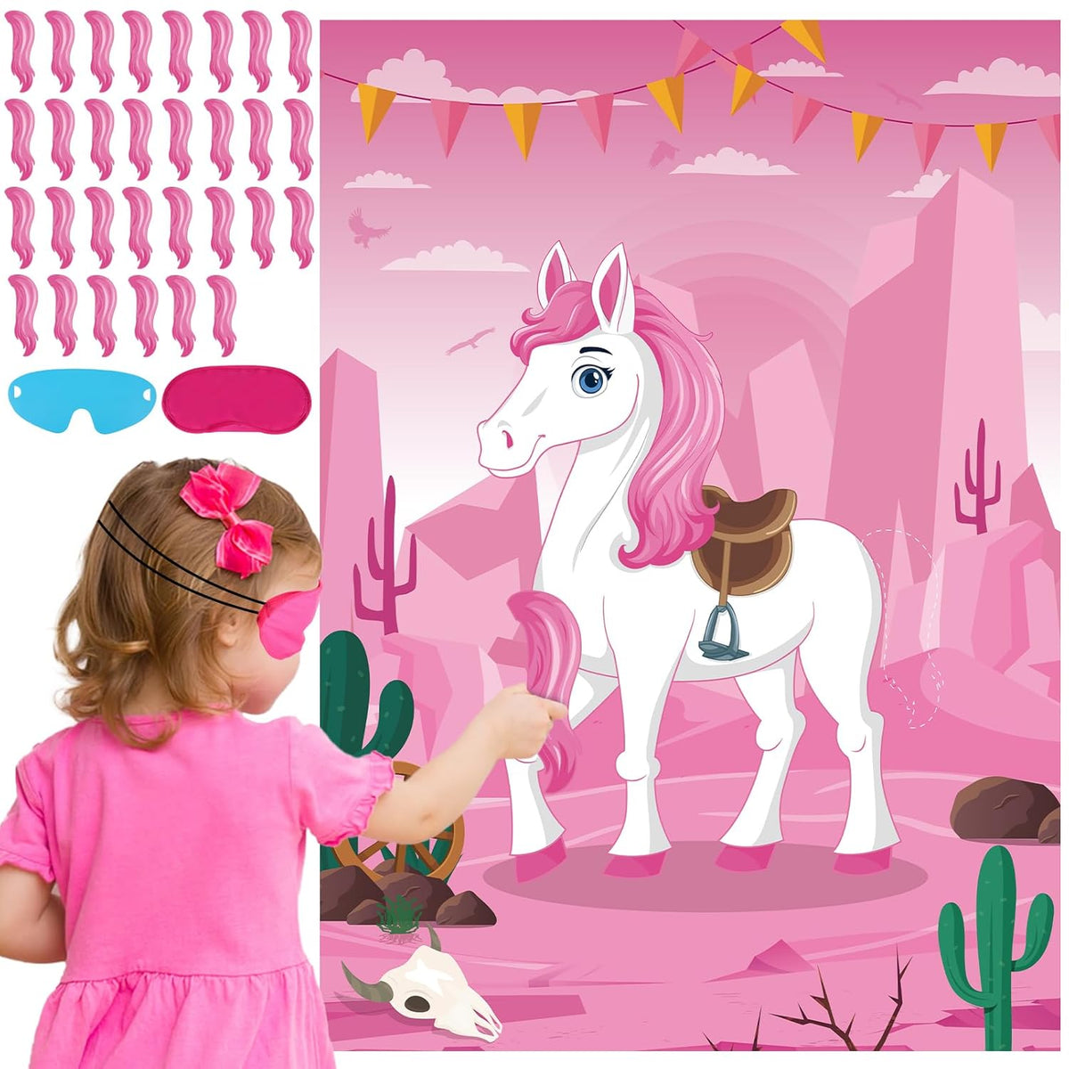 Pin The Tail On The Horse Game For Kids Pink Cowgirl Western Birthday Party Decorations Western Party Supplies Large Horse Game Poster With 30 Tail Stickers