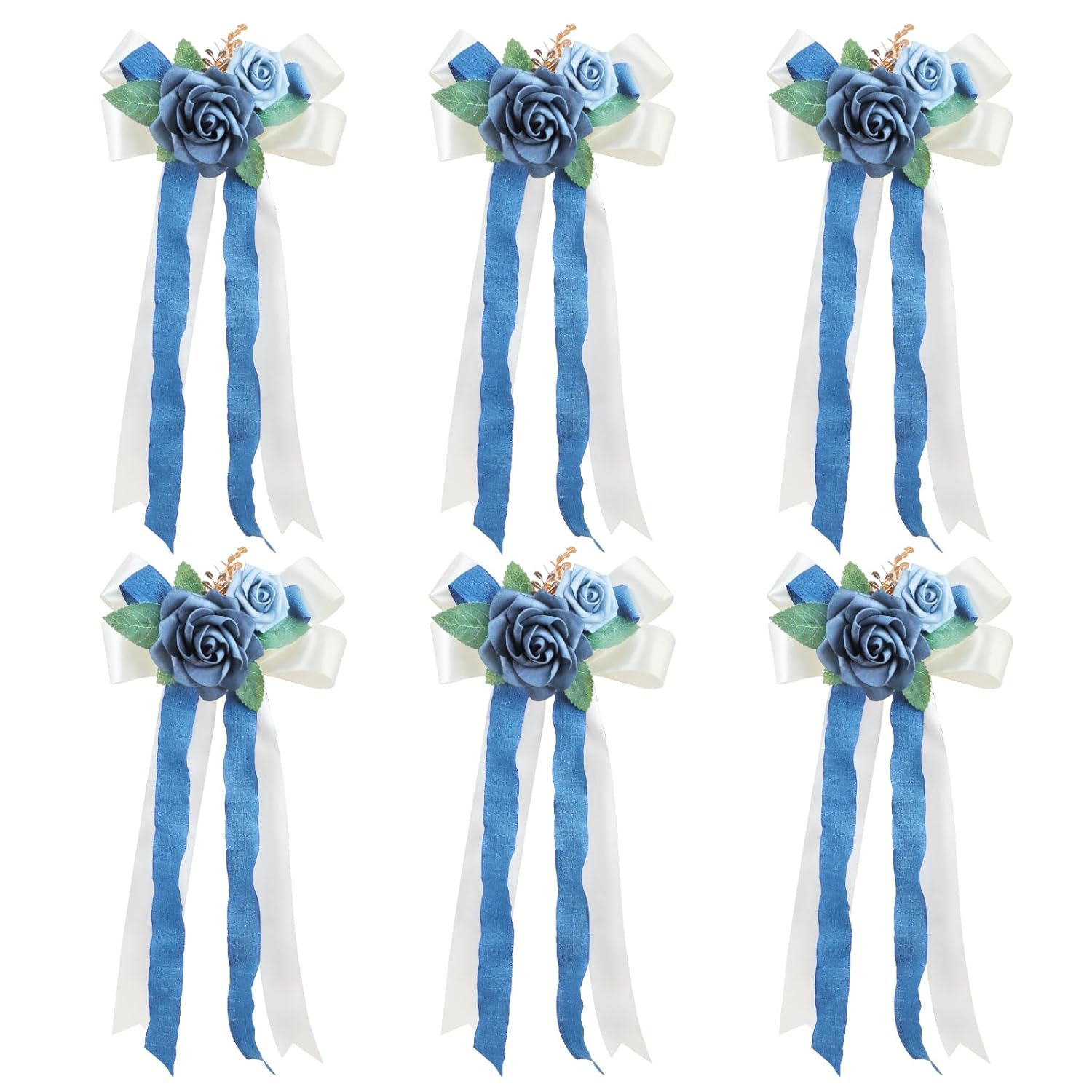 6 Pieces Blue Wedding Flowers Decor, Aisle Flowers Artificial Dusty Blue Flower Chair Ribbon Bow Decorations For Wedding Ceremony Party Church Banquet