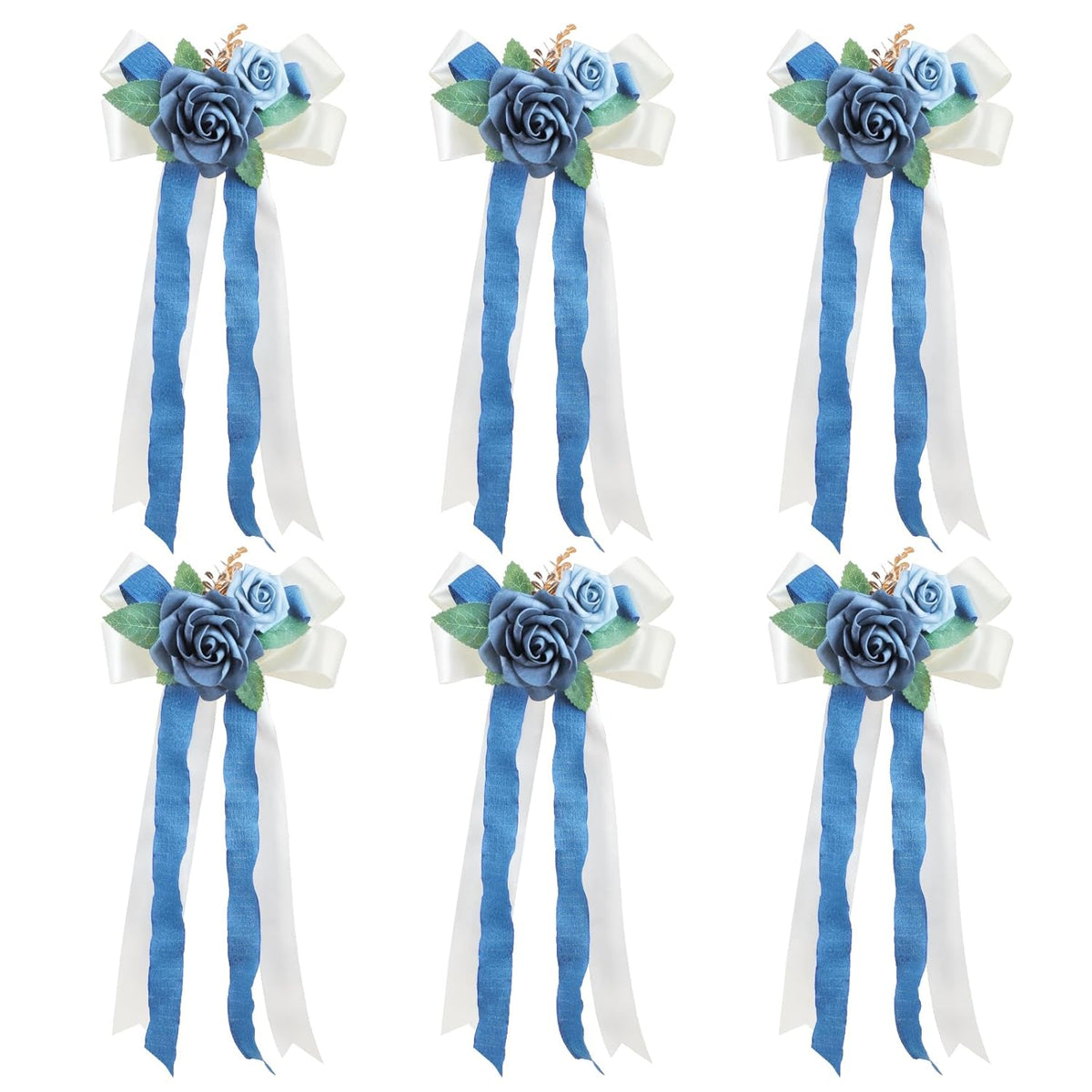 6 Pieces Blue Wedding Flowers Decor, Aisle Flowers Artificial Dusty Blue Flower Chair Ribbon Bow Decorations For Wedding Ceremony Party Church Banquet