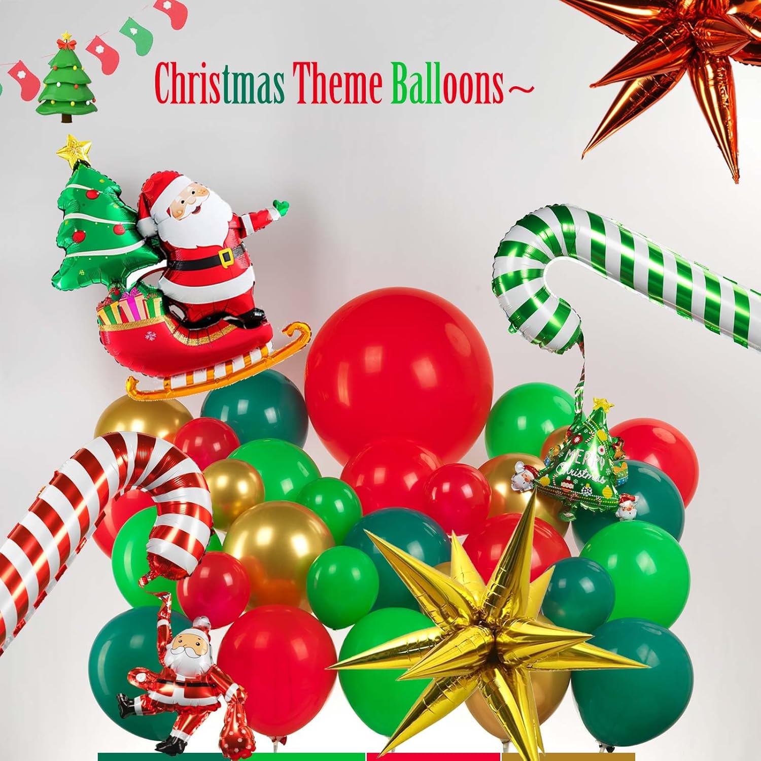 Merry Christmas Dark Green, Red, Chrome & Gold Balloon Garland Arch Kit - 129Pcs With Christmas Tree, Santa, Candy Cane, Star Mylar Balloons For Winter, New Year'S Eve Decoration