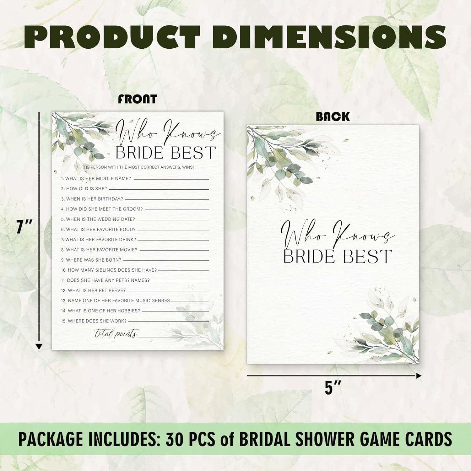 Who Knows The Bride Best, Greenery Bridal Shower Games Cards, 30 Guests Elegant Wedding Activity For Bachelorette Engagement Party Decorations Favors- B07
