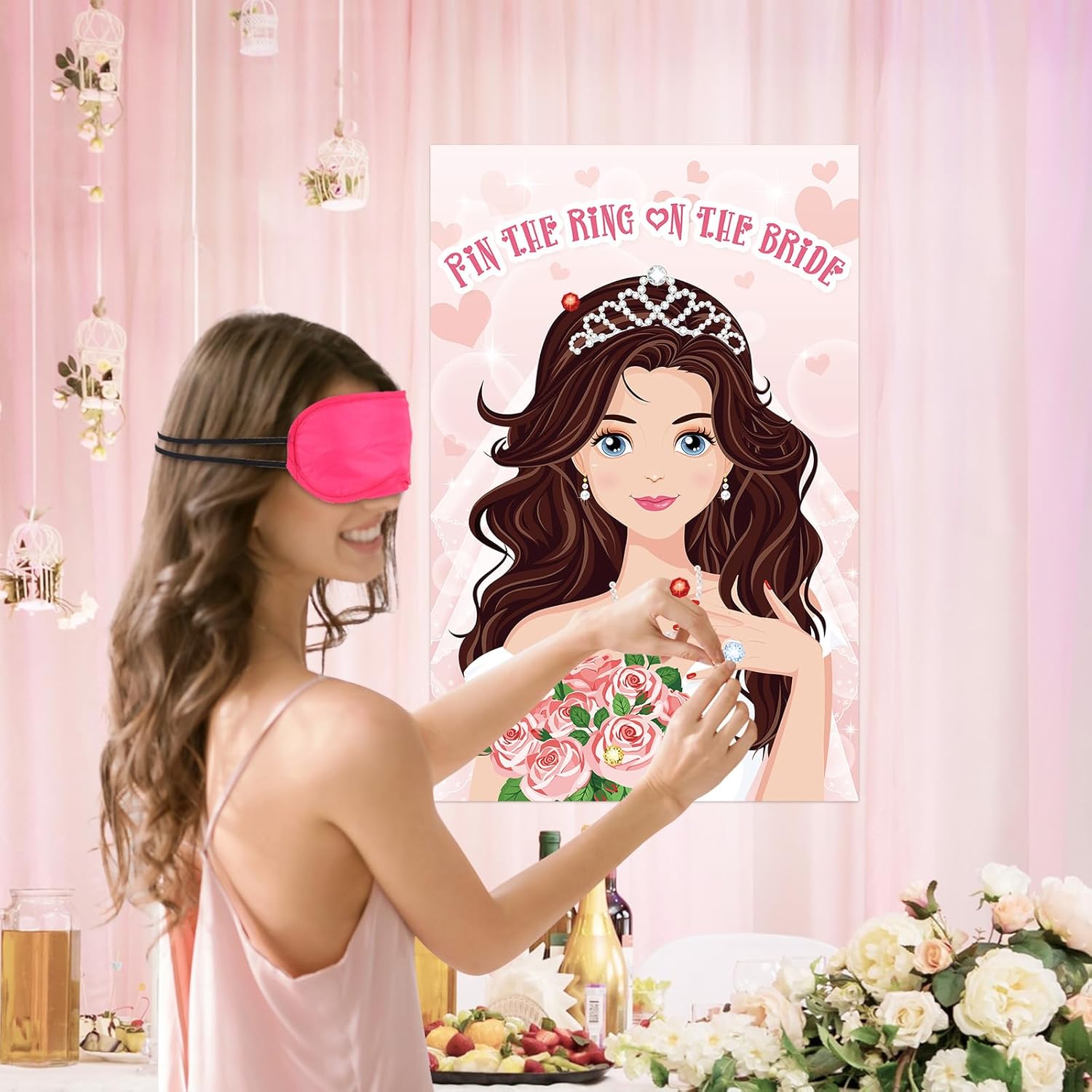 Pin The Ring On The Bride Game - 42 Pcs Rings, Large Bridal Games Poster For Shower, Wedding, Birthday, Carnival Party Supplies