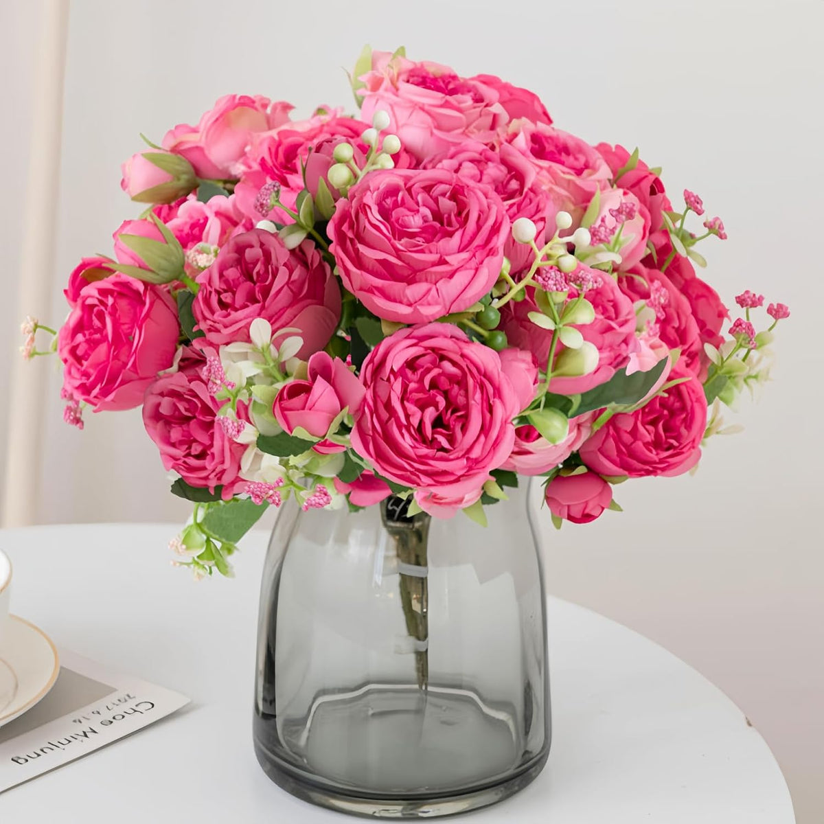 Artificial Flowers, 3Pcs Silk Fake Peonies Faux Hot Pink Artificial Flowers Peonies Bouquet Arrangements Table Centerpieces For Wedding Office Home Decor Cake