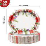 50 Count Christmas Oval Paper Plates, 10" X 12.5" Large Disposable Dinner Serving Platters, Poinsettia Design For Xmas Dinnerware Table Decorations