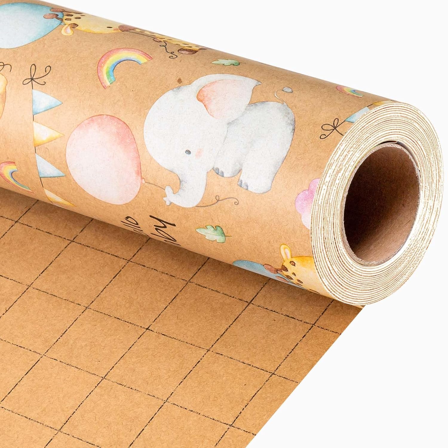 Baby Shower Kraft Wrapping Paper, 17 Inch X 32.8 Feet Cute Lion Elephant Themed Colorful Balloon Rainbow Gift Wrap With Grid Cutting Lines For Boy Girl Kid Birthday