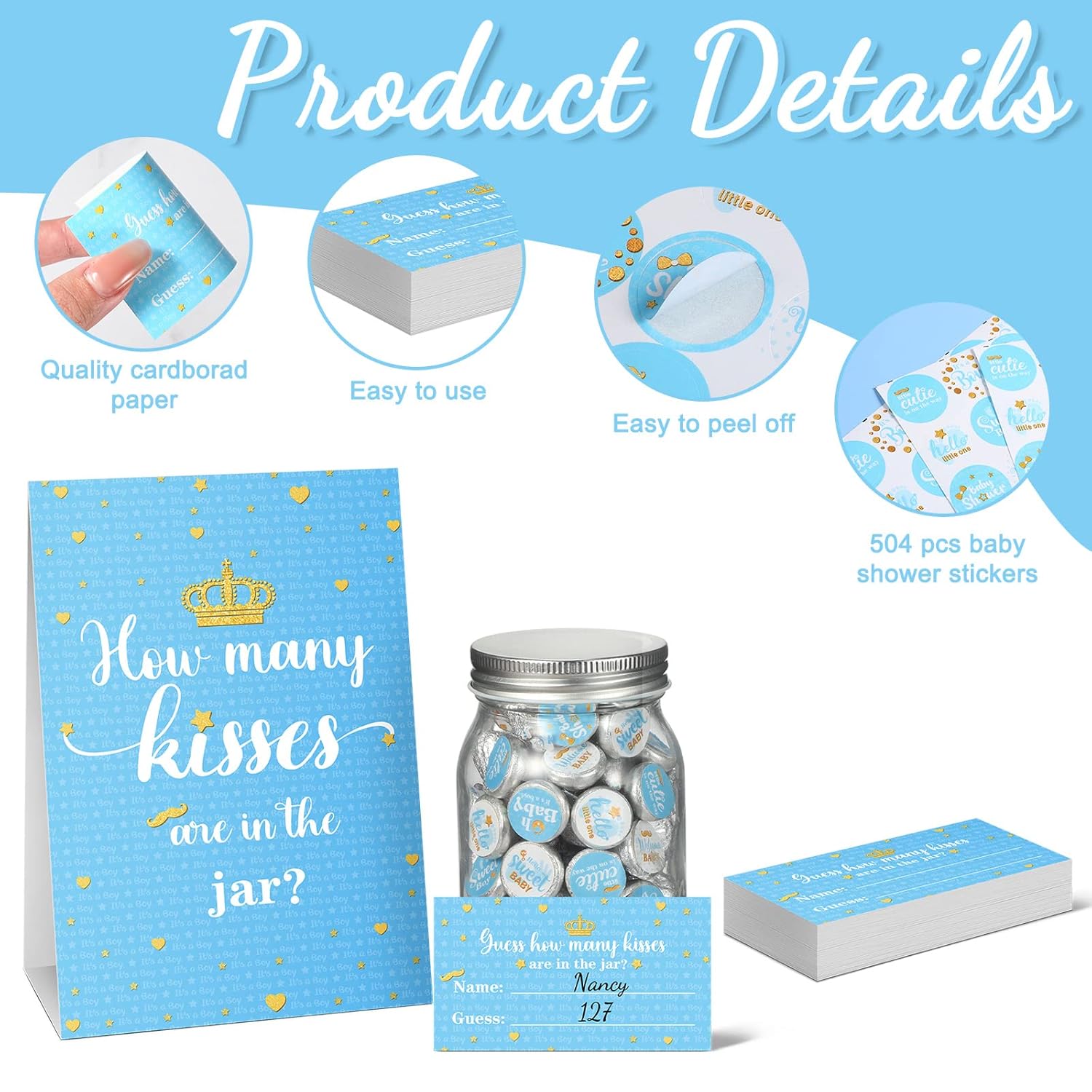 555 Pcs How Many Kisses Game Card Kit How Many Kisses Baby Shower Games Standing Sign Guessing Cards Baby Shower Stickers For Kid Sprinkle Birthday Party, No Candy And Jar(Blue Boy Style)