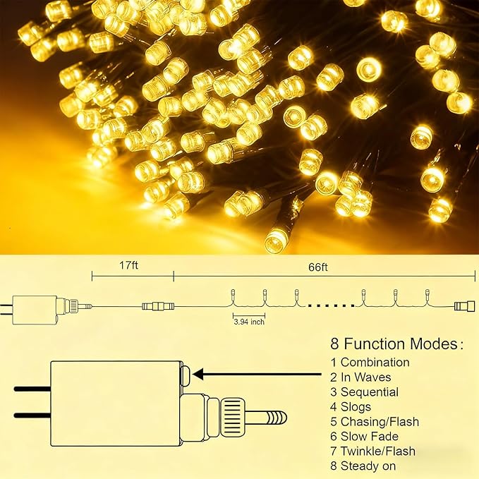 66FT 200 LED Warm White Christmas String Lights Green Wire Plug In Fairy Lights with 8 Modes for Indoor Outdoor Xmas Tree Wedding Party Decor