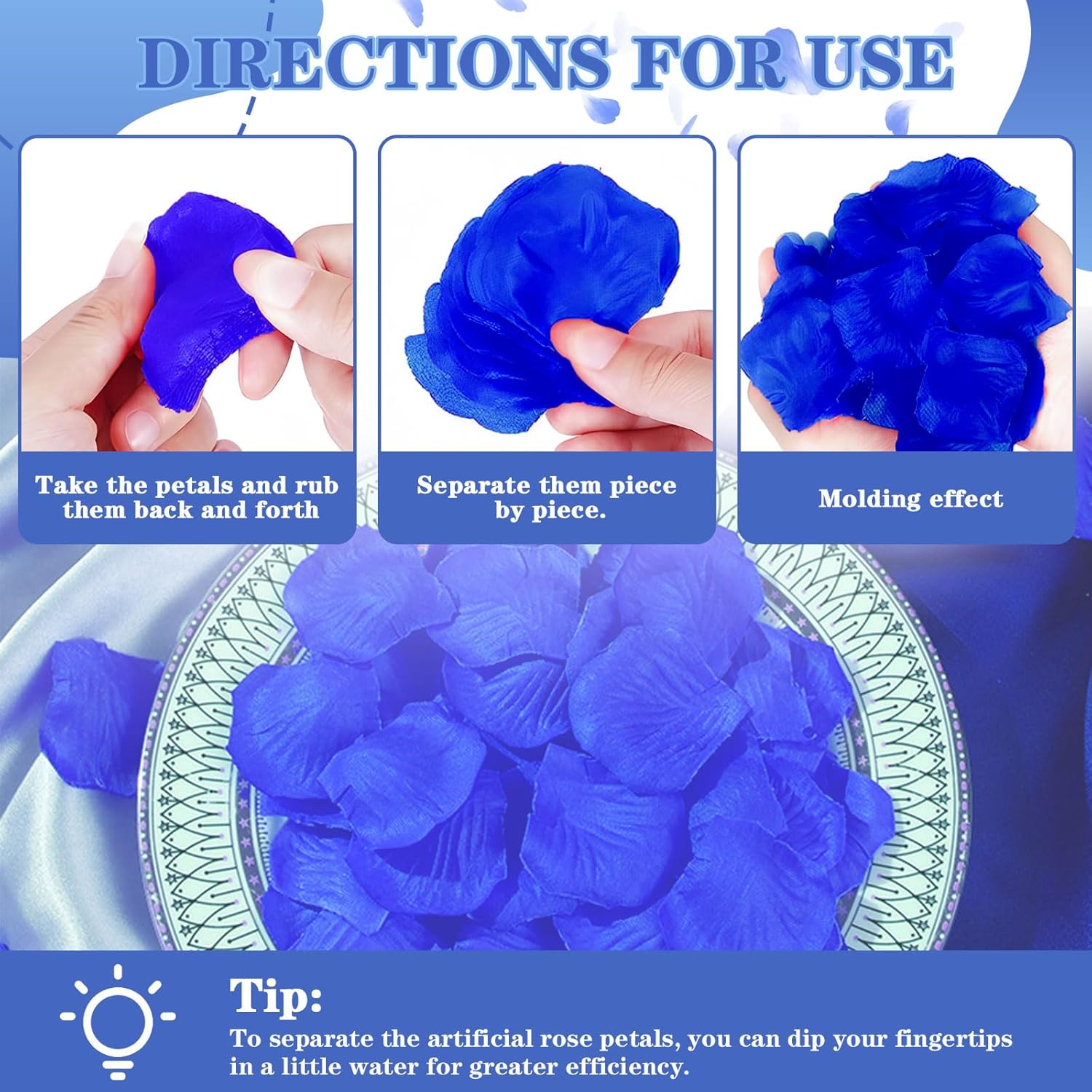 3000Pcs Fake Rose Petals, Artificial Flower Petals For Romantic Night, Valentine'S Day, Flower Girl Basket, Proposal, Wedding Decorations, Dark Blue+Light Blue+White