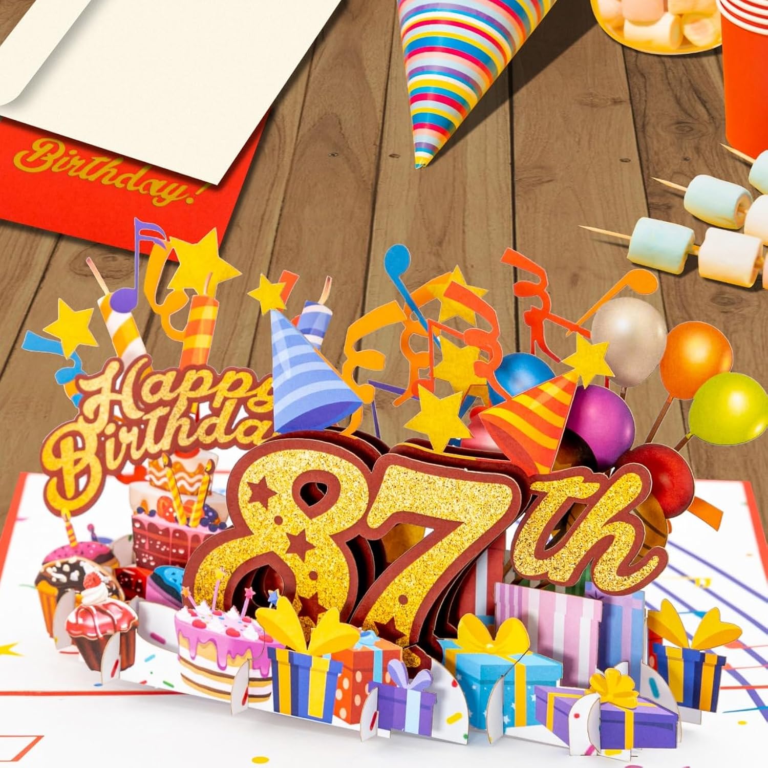 3D Pop Up Happy 87Th Birthday Card – Red Design With Glitter Numbers, Balloons, Cakes & Gifts – Unique Bday Card For Dad, Mom, Husband, Wife, Man Or Woman – 5" X 7"