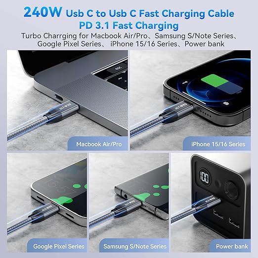 3.3FT USB C to USB C 20Gbps 240W PD 3.1 8K 4K Video Fast Charging Cable
