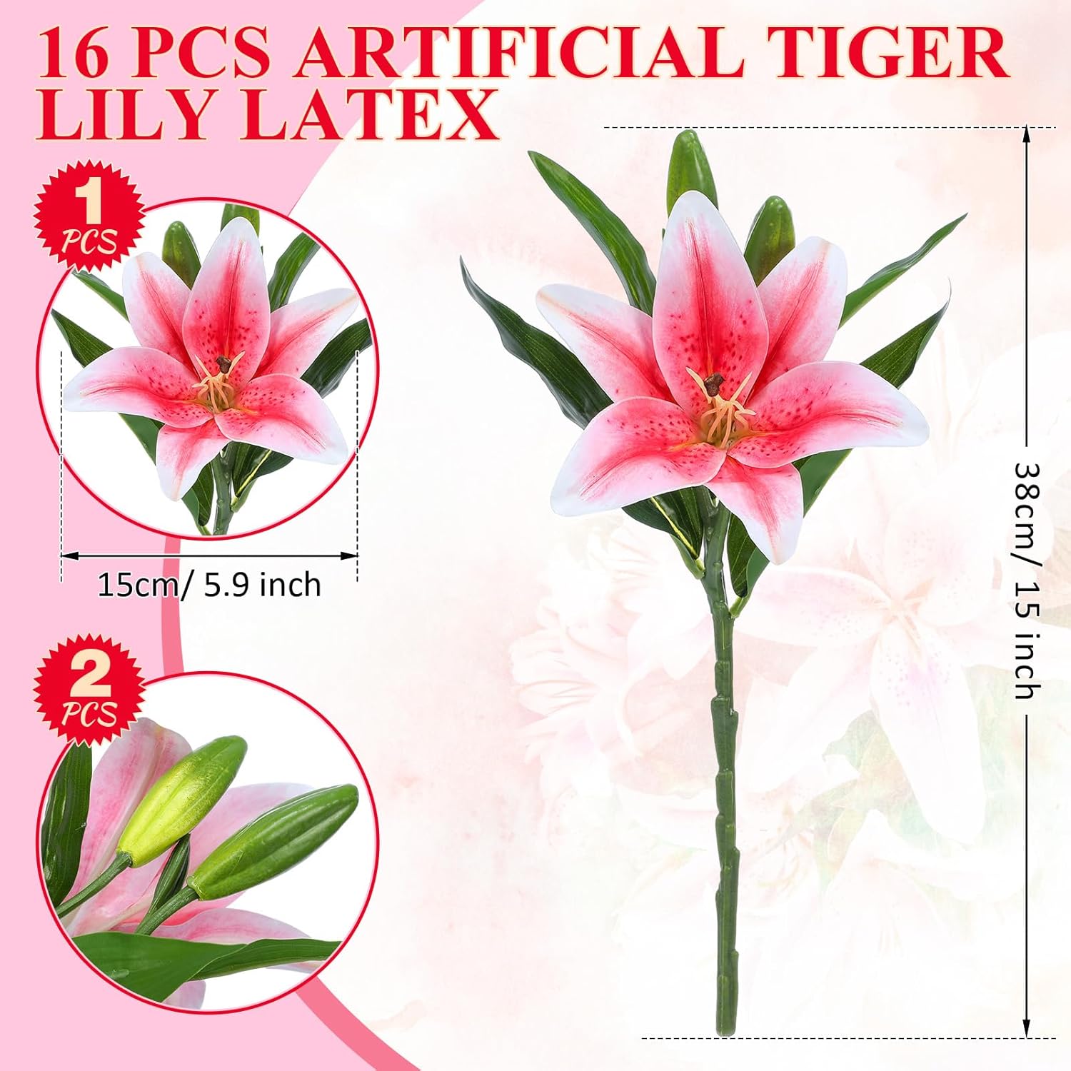 16 Pcs Artificial Tiger Lily Flowers Mother'S Day Real Touch Lily Latex Lilies Flowers Artificial Bouquet Faux Latex With Rods For Home Decoration Birthday(Pink And Green)